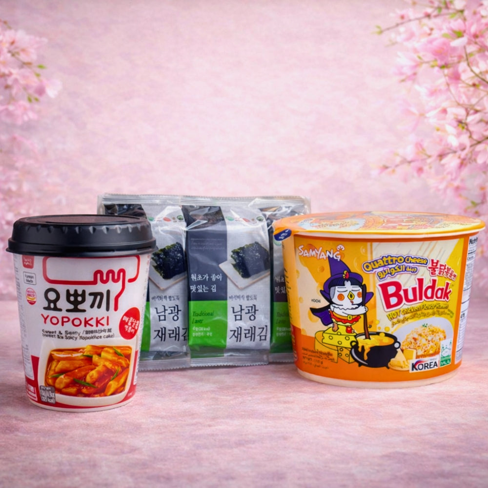 Korean Snack & Noodle Ultimate Bundle – 3 Seaweed + 2 Noodle Cups