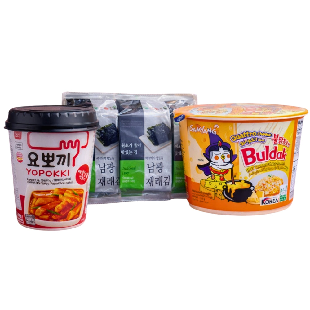 Korean Snack & Noodle Ultimate Bundle – 3 Seaweed + 2 Noodle Cups