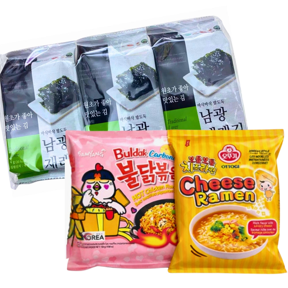 Cheesy Korean Favorites Bundle – Buldak Carbonara, Ottogi Cheese & Seaweed
